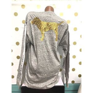 Victoria’s Secret Pink Bling Sequin Dog Long Sleeve Gray Campus Tee